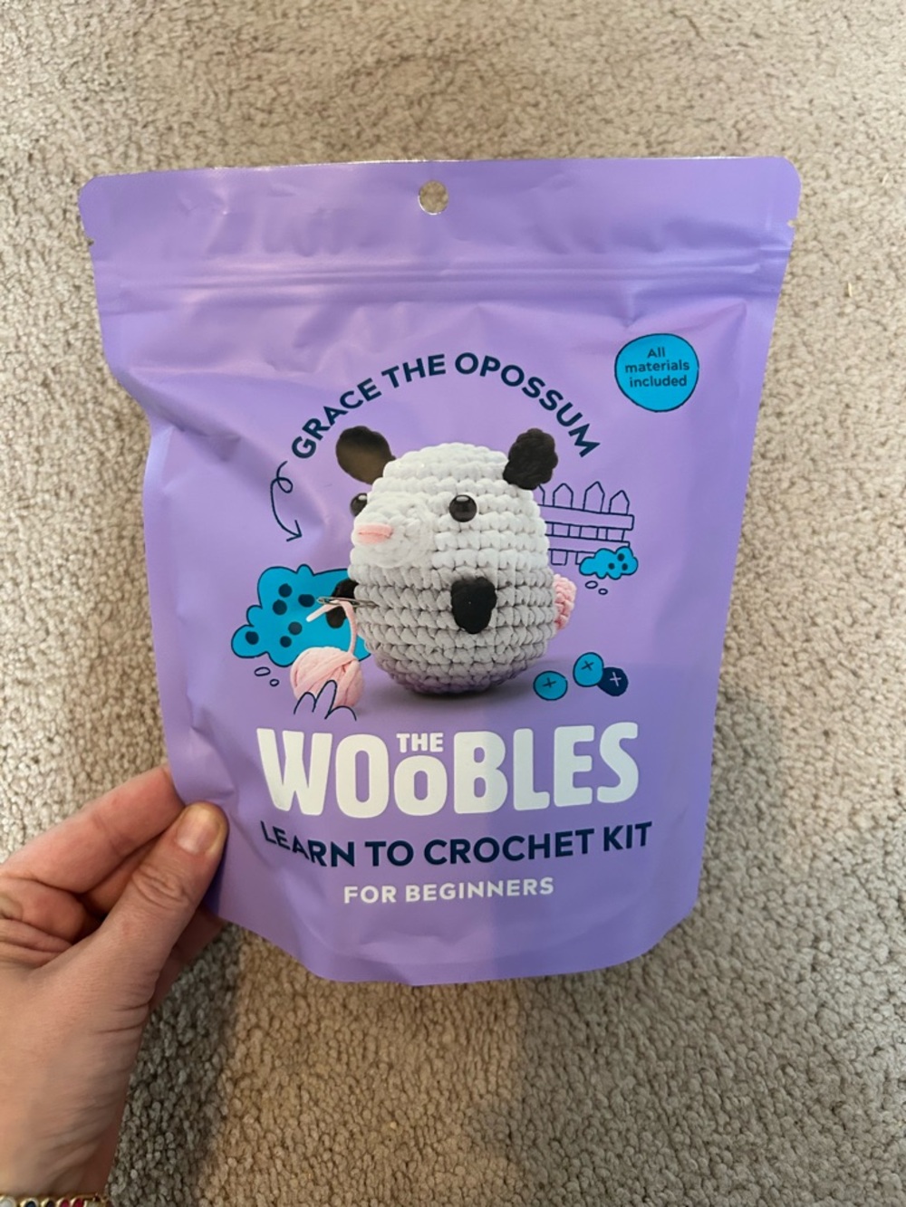 The Woobles Grace the Opossum Learn to Crochet Kit - Lavender